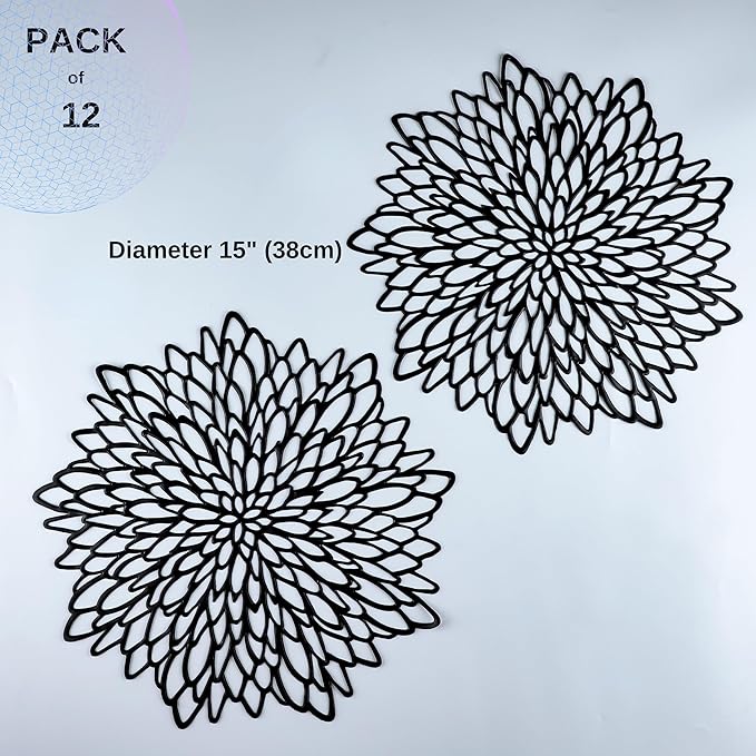 Snowkingdom Pack of 12 Black Placemats Washable Pressed Vinyl Laser Cut Dining Table Mats Round Floral Charger Decoration for Christmas Halloween Thanksgiving Wedding