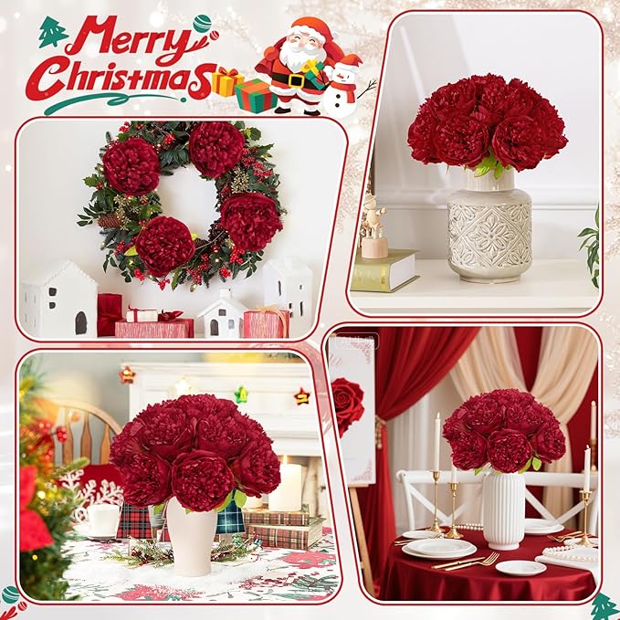 U'Artlines 20 Heads Artificial Peony Silk Flower Leaf for Christmas Holiday New Year Home Office Wedding Party Festival Bar Decor (Red)