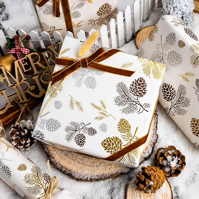 MAYPLUSS Luxury Christmas Wrapping Paper Roll - 17 Inch X 33 Feet - Beige Wrapping Paper with Gold and Silver Pine Cone, Needle Pattern Winter Motive Gift Wrap Paper for Christmas, Holiday, Birthday