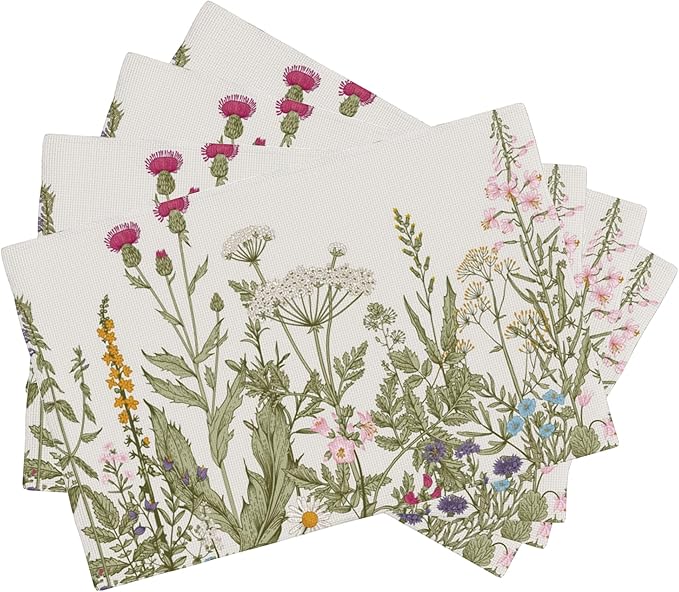 Wild Flowers Placemats Set of 4,Vintage Floral Plant 12x18 Inch Non-Slip Washable Heat Resistant Linen Fabric Table Mats,Place Mats for Holiday Party