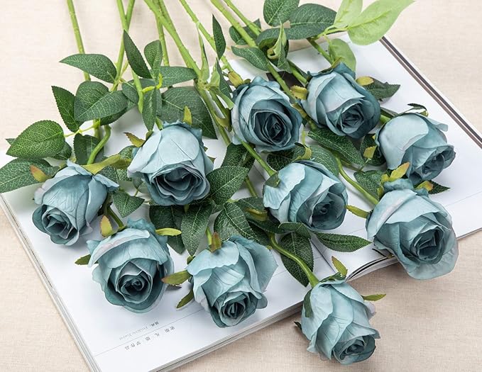 Flojery 10pcs Artificial Rose Flowers Long Stem Fake Silk Roses for DIY Wedding Bouquet Table Centerpiece Home Decor (Blue)