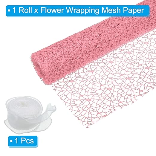 PATIKIL Flower Wrapping Mesh Paper, 15ft Floral Bouquet Craft Packaging Hollow Net Yarn with Ribbon for Flowers Gift Packaging, Pink
