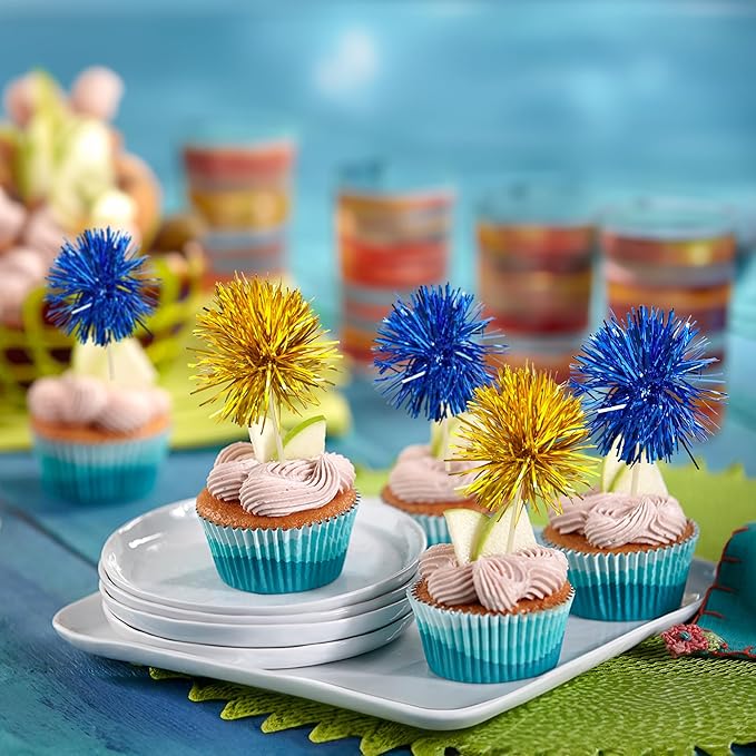 Gyufise 30Pcs Foil Firework Cupcake Toppers Sparkle Tinsel Cake Toppers Tinsel Drink Cake Decoration Cocktail Picks for Birthday Wedding Graduation Party Supplies Gold Dark Blue