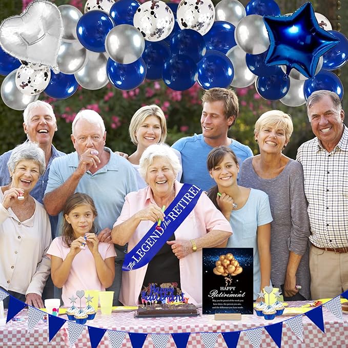 Happy Retirement Party Decorations Blue Retirements Party Decoration for Men Happy Retire Banner Hanging Swirls Foil Balloon Cake Toppers Retire Sash for Blue and Silver Retire Decoration