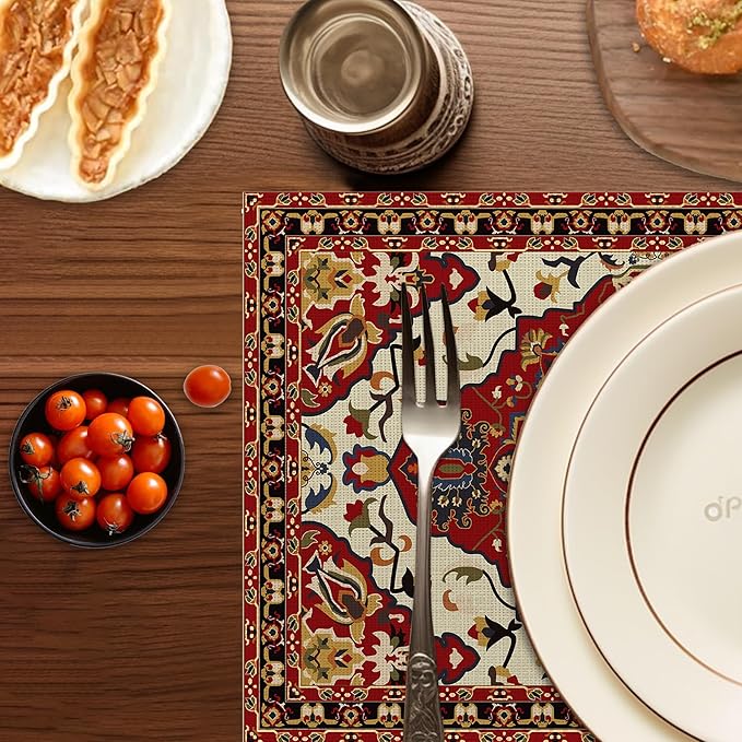 Fall Boho Carpet Placemats Set of 6, Washable Heat Resistant 12×18 Inch Linen Table Mats Orange Brown Place Mats for Party Outdoor Dining Decor