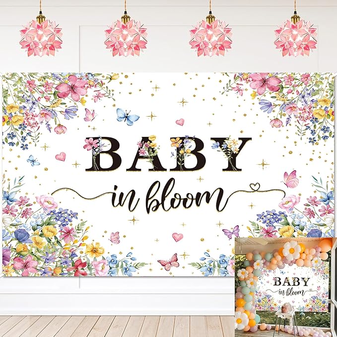 Baby in Bloom Backdrop Wildflower Baby Shower Party Photography Background Spring Floral Gold Glitter Butterfly Banner for Girls Baby Shower Newborn Birthday Party Decorations (82x59 inch (7x5FT))