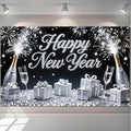 Happy New Year Banner 71x43 Inch Silver Champagne Party Wall Decoration Fireworks Photo Backdrop for Indoor Countdown Celebration Holiday Event and Home Background Display