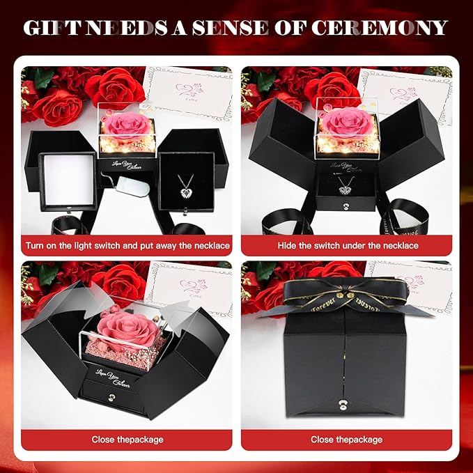 FIACO Gifts for Women Preserved Real Roses with I Love You Necklace Fresh Forever Flowers Birthday Gifts for Mom Grandma Wife Girlfriend on Anniversary Christmas Valentines Romantic Gift