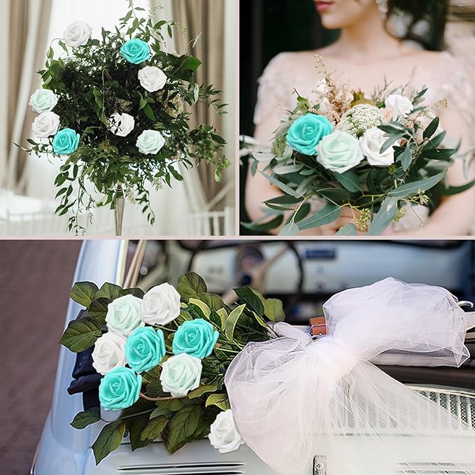 100PCS Artificial Flowers Green Series Roses Real Looking Foam Fake Roses with Leaves and for DIY Wedding Bouquets Bridal Shower Centerpieces Party Decorations (Green Series, 100)