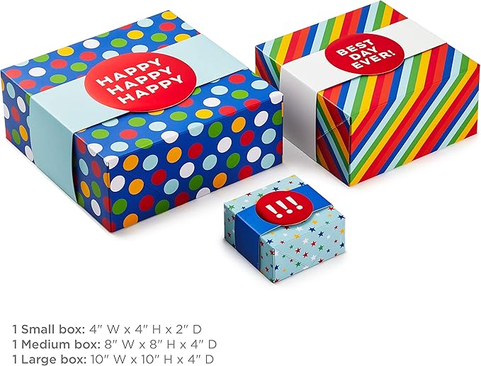 Hallmark Gift Boxes 3-Pack Assorted Sizes (Rainbow Stripes, Dots, Stars) for Birthdays, Weddings, Graduation, Baby Showers, All Occasions, Wrapped Treats and Cookies