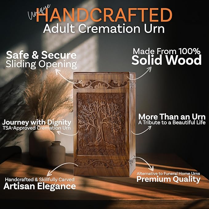INTAJ Wooden Tree of Life Cremation Urns for Human Ashes – Memorial Urn Box and Casket for Adult Male, Female, Child, or Pets (Cat/Dog) – Burial Funeral Urn Holds Up to 180 Cubic Inches of Ashes