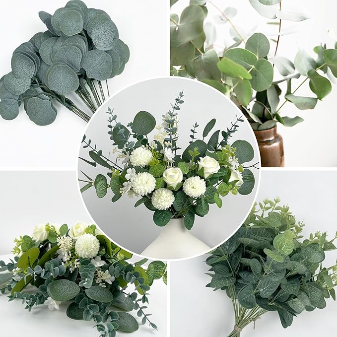 Artificial Greenery Stems Set 110 Pcs 8 Kinds of Faux Eucalyptus Stems and Flowers Fake Silver Dollar Eucalyptus Leaves Stems Bulk for Wedding DIY Bouquets Vase Table Centerpieces Decor