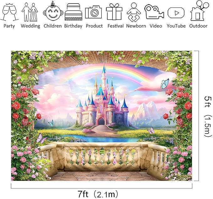 Riyidecor Pink Castle Backdrop Polyester Fabric Princess Flower Blossom Spring Floral Butterfly 7Wx5H Feet Fairy Fantasy Balcony Rainbow Photography Background Birthday Wedding Photo Studio Shoot