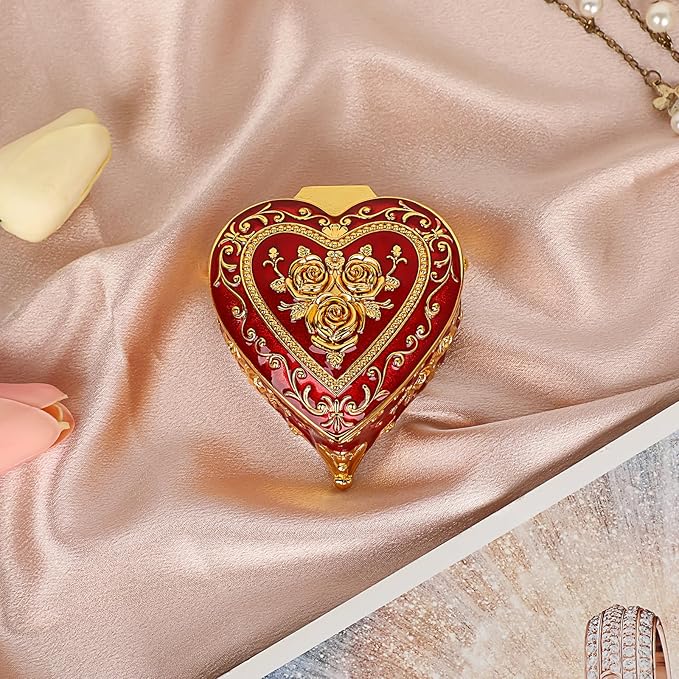 Hipiwe Heart Shape Jewelry Box Classic Metal Trinket Organizer Ring Storage Box with Rose Pattern Jewelry Storage Box for Ring Earrings Necklace, Gift for Women, Red