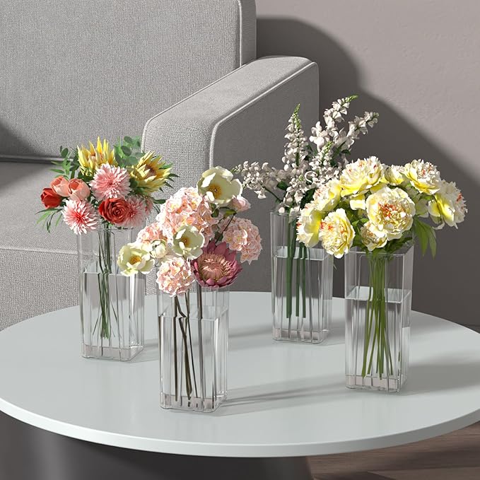 Pekky 6-Pack Clear Acrylic Flower Vases for Centerpieces, Tall Square Table Flowers Vase