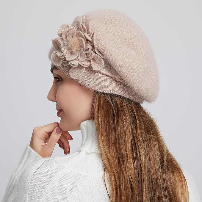 Flower Women Beret, Double Layer Thickened Winter Knitted Beanie Beret Hat, Stylish French Dress Beret Hats for Women