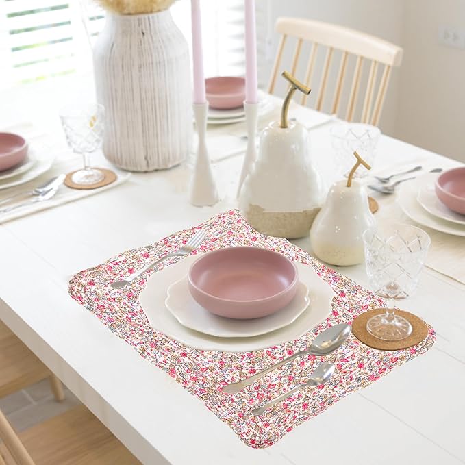 Quilted Placemats Set of 4 18"X13" Cotton Placemats Washable Cloth Table Mats for Kitchen Table (Floral Print)