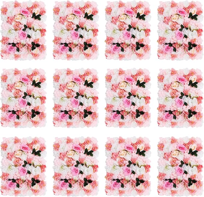 LOYALHEARTDY 12 Pack Artificial Flower Wall Panels 24" x 16" White & Pink Faux Roses Artificial Flower Backdrop Panels for Wedding Party Event Flower Wall Decor