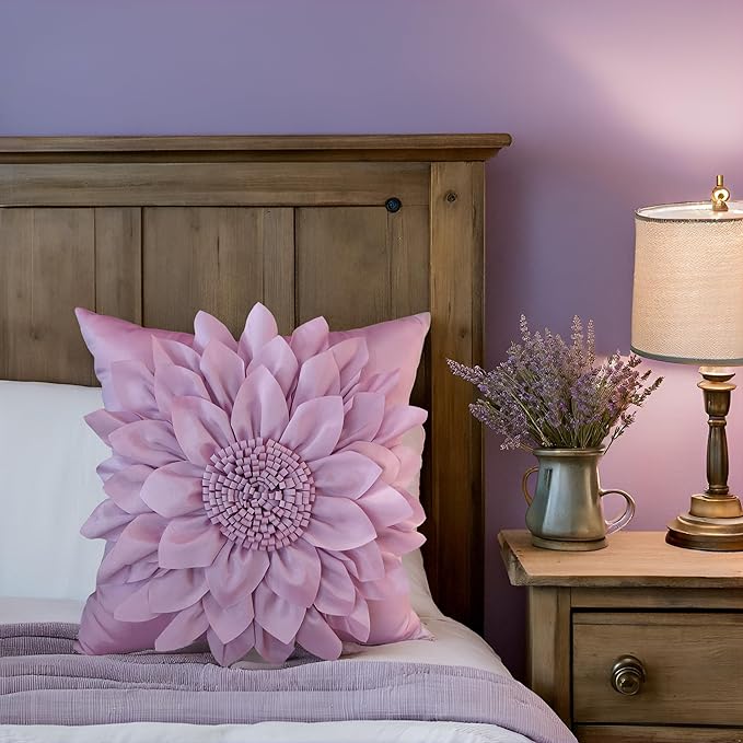 Bella's Giftshop 3D Sunflower Decorative Throw Pillow Covers for Bed Sofa Couch Car, Accent Floral Taffeta Cushion Cover, Handmade Pillow Cases Living Room Decor, 17x17 Inch-Purple/Lavender