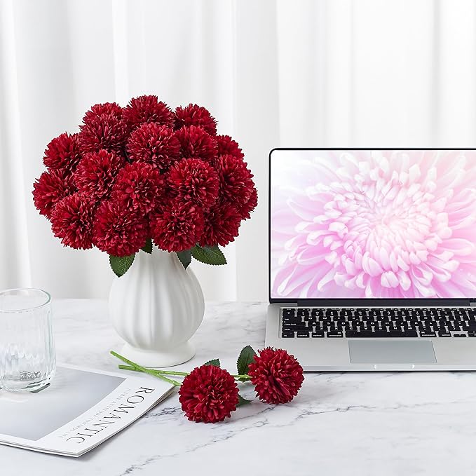 SITUMEIZI 12 Pcs Burgundy Flower Artificial Chrysanthemums Flowers Ball Flower Fake Mums Silk for Halloween Thanksgiving Day Fall Wedding Home Decoration Floral Arrangement