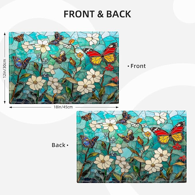 Butterfly Teal Placemats Set of 6, Colorful Stained Glass Place Mats, Rustic Flowers Dining Table Mats, Washable Placemats for Kitchen Dining Room Home Decor 18L'' × 12W''