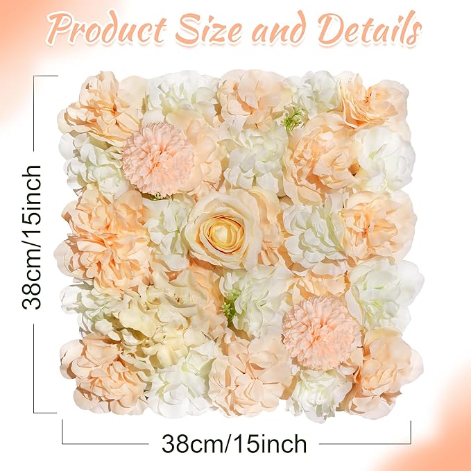 YOUMEHOME Champagne Flower Backdrop - Artificial Flower Wall Panel 12packs Rose Wall Backdrop for Birthday Party Wedding Background Shop Photo Arrangement Decor