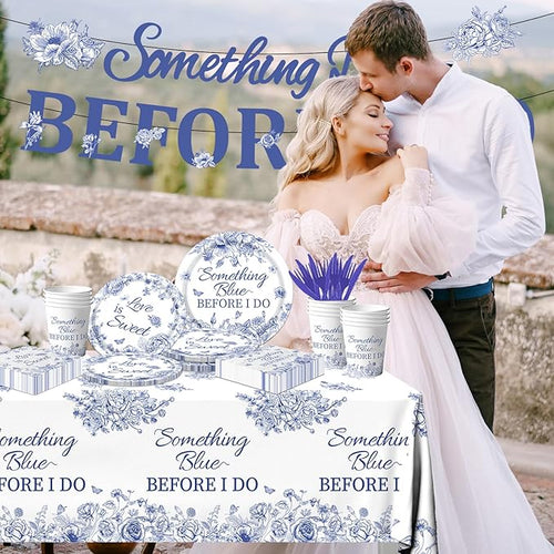 142PCS Something Blue Before I Do Bridal Shower Decorations Bridal Shower Party Favors for 20 Guests Blue Floral Plates and Napkins Tableware Set for Wedding Engagement