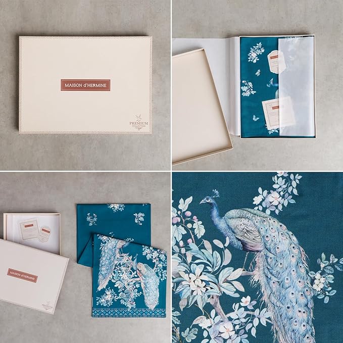 Maison d' Hermine Tablerunners 100% Combed Cotton Premium Table Runner Decorative Table Cover, Home, Kitchen & Camping, Peacock Utopia - Deep Sea, Double Layer - (14.5"x72")
