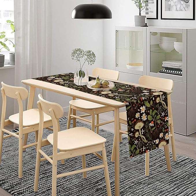 Vintage Mushroom Table Runner Rustic Garden Wildflower Botanical Plants Herbs Spring Summer Seasonal Black Dinner Runner for Kitchen Dining Cabin Home Holiday Party 13x108in