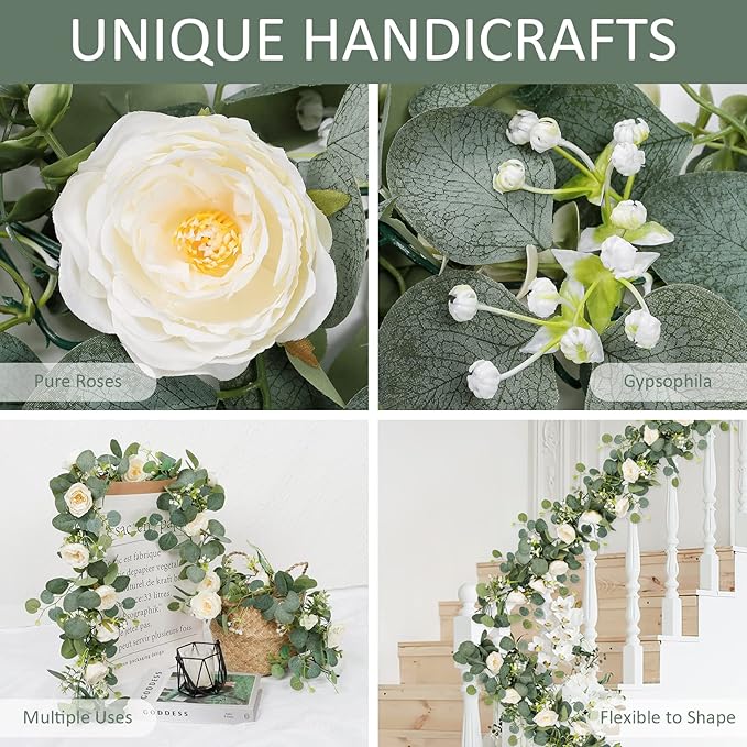 TOCHGREEN 4 Pack Artificial Eucalyptus Flower Garland with White Roses, Fake Rose Flower Greenery Garland Floral Vines for Wedding Home Party Table Runner Decor (4PCS, White)
