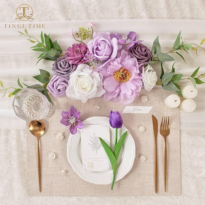 TINGE TIME Artificial Flowers Paisley Purple & White Flower Combo for DIY Wedding Bouquets Table Centerpieces Arrangements Party Baby Shower Home Decorations