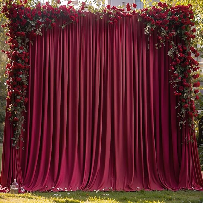 Burgundy Backdrop Curtain 10 Panels-Wrinkle-Free Burgundy Curtains Polyester Photography Drapes for Baby Shower Birthday Party Photo Background Backdrop Stand- 40 X10FT