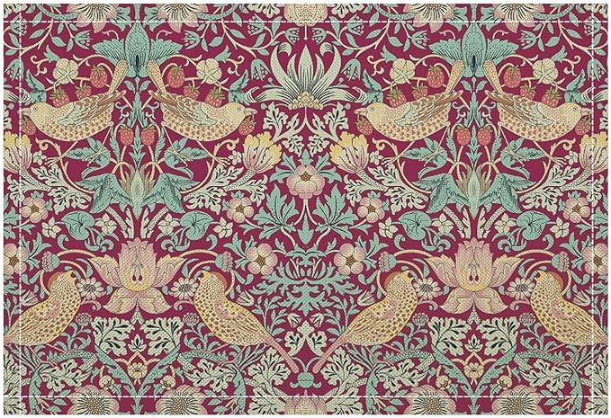 William Morris Floral Placemats Strawberry Thief Red Art Printed Dining Table Mats Set of 4 for Home Kitchen Holiday Picnic Party Decoration 12x18in