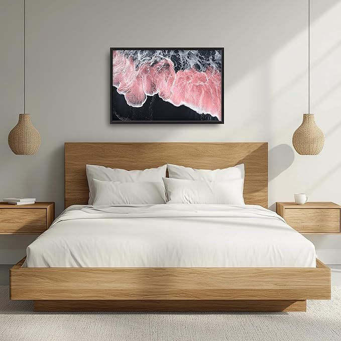 Pink Beach Large Wall Art Framed Black and White Wall Decor for Living Room, Beach Pictures Oversized Canvas Print Painting Modern Extra Large Framed Artwork for Bedroom Office Home Decor 36"x24"