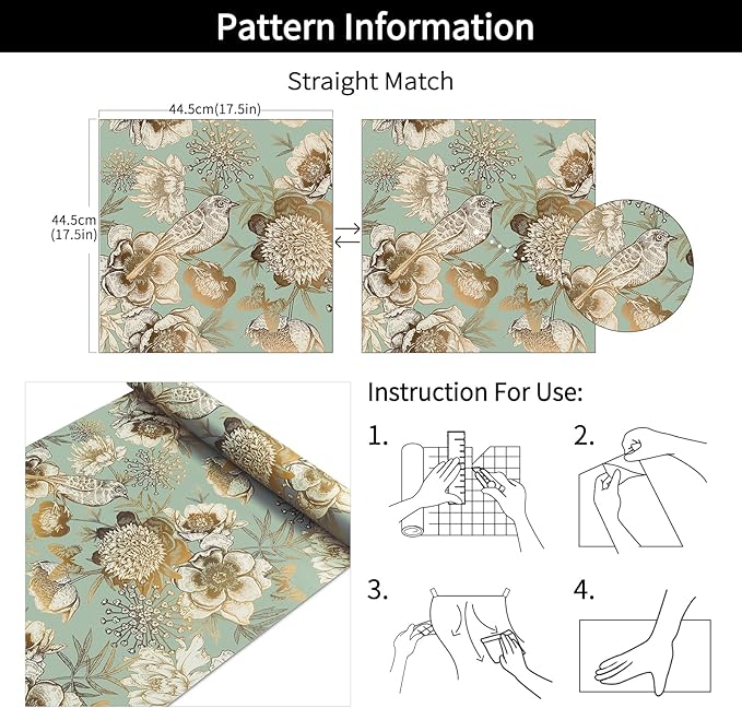 Decotalk Green Floral Wallpaper Floral Peel and Stick Vintage Flowers Wall Paper for Bedroom Bathroom 17.5"x120" Green/Gold Wall Paper Florals Flower Bird Wallpaper Removable Flower Cover Vinyl
