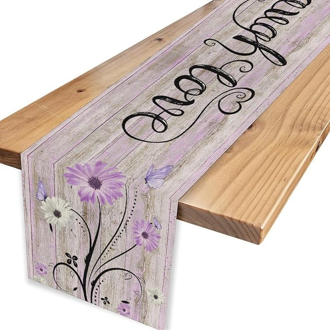 Purple Daisy Table Runner, Butterfly Rustic Seasonal Spring Wild Flower Rustic Blue Wood Farmhouse Decor for Family Kitchen Farmhouse Holiday Party Table Decorations Indoor Outdoor 13x90 inch
