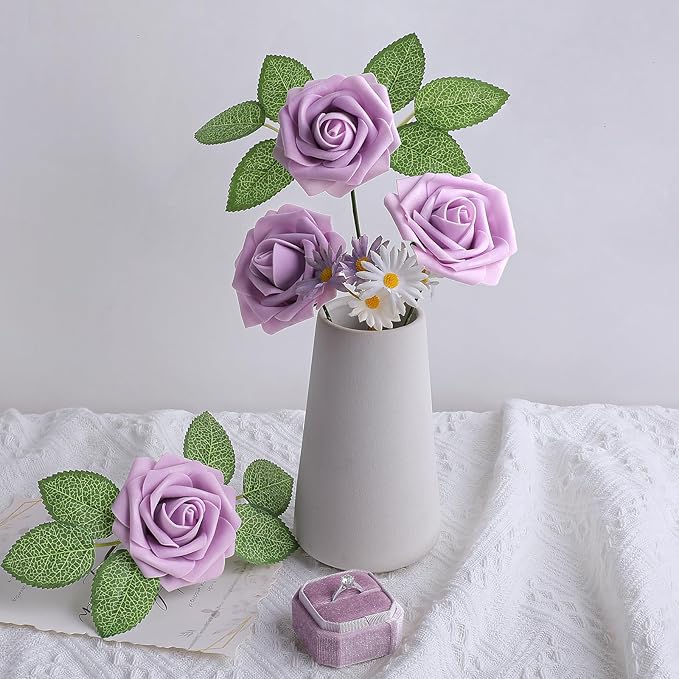 AmyHomie 25pcs Real Looking Artificial Lavender Roses w/Stem for DIY Wedding Bouquets Centerpieces Arrangements Party Baby Shower Valentines Day Christmas Tree Decorations