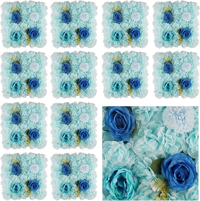 3D Flower Wall Backdrop - 12Pcs Artificial Flower Wall Panel 15 * 15inch Decoration Blue Roses Wall for Home Party Wedding Anniversary Birthday