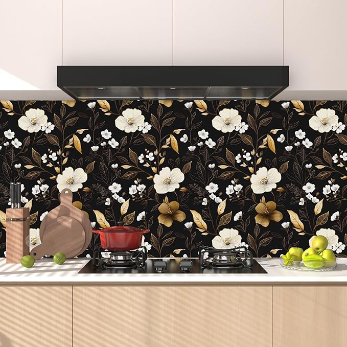 Black Gold Floral Wallpaper Peel and Stick 17.4" X 118" Golden Leaf Small Flower Contact Paper Floral Pattern Removable Self Adhesive Covering for Bedroom Cabinet Bathroom Home Decor Black Dark