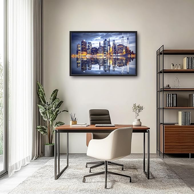New York City Large Wall Art Framed Wall Decor for Living Room, Manhattan Skyline at Night Pictures Oversized Canvas Print Painting Modern Extra Large Framed Artwork for Bedroom Office 36"x24"