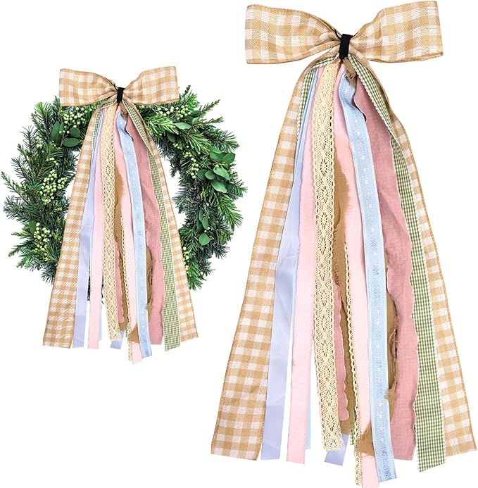 Large Fall Ribbons Bow for Wreath, Orange White Buffalo Plaid Fabric Ribbons Set Assorted Lace Ribbon Blue Pink Clip-On Wreath Sash Ribbon Bundle for Fall Thanksgiving Home Indoor Outdoor Decor