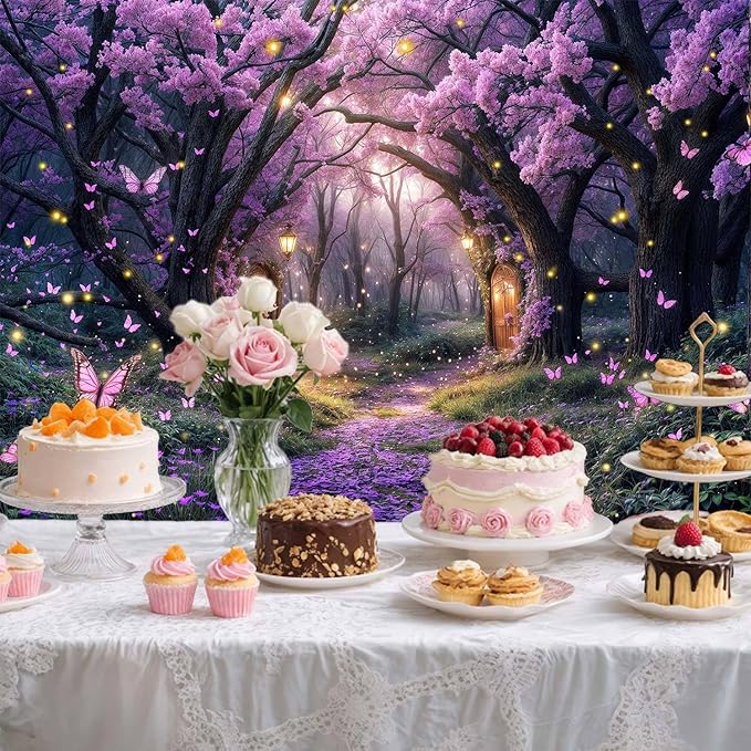 7X5ft Enchanted Forest Backdrop Fairy Tale Purple Wonderland Garden Tree House Floral Butterfly Photography Background for Kids Girl Baby Shower Birthday Party Decoration Banner Booth Props