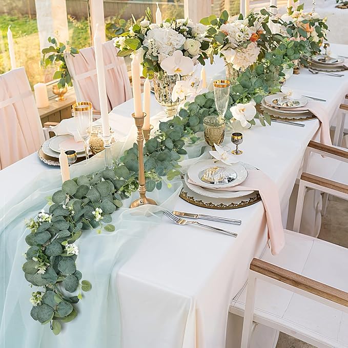 TOCHGREEN 2 PCS Artificial Eucalyptus Garland 5.9FT Faux Silver Dollar Greenery Garland Vines with White Flower Boxwood Fake Hanging Plants for Wedding Home Party Table Mantle Wall Decor