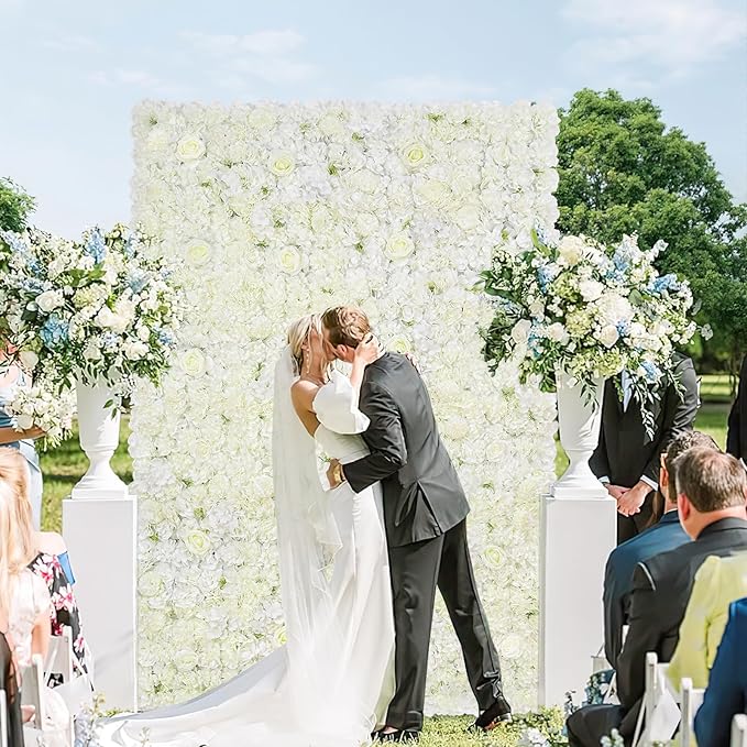 MoKoHouse White Backdrop Flower Wall Panels: 3D Artificial Silk Floral Wall Panels for Wedding Birthday Decorations 24 Packs 15x15 Inches