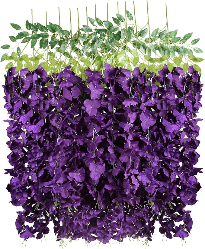 3.6ft 12PCS Artificial Wisteria Hanging Flowers Faux Wisteria Flower Vines Garland Silk Flowers Garland Fake Hanging Flowers String for Wedding, Garden, Wall Decoration (Dark Purple)