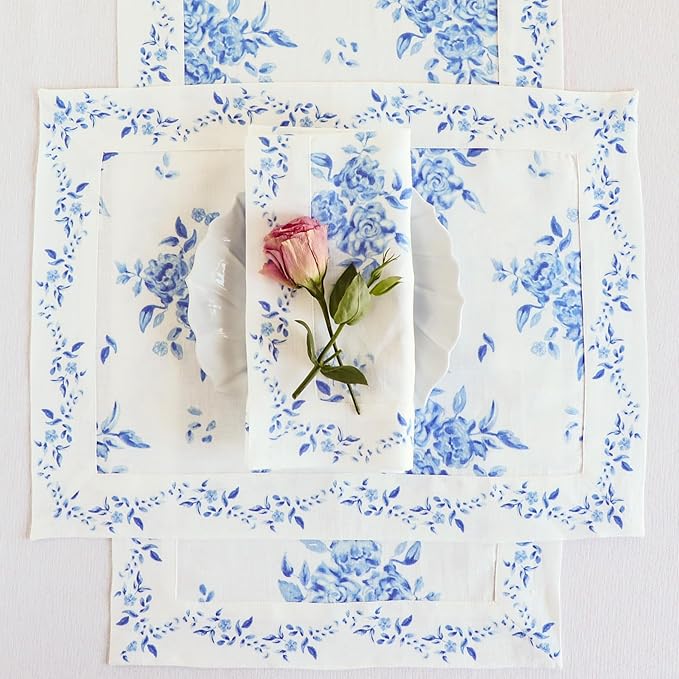 Solino Home Blue Floral Print Table Runner 90 Inches Long - 100% Pure Linen Table Runner 14 x 90 Inch - Handcrafted and Machine Washable - Jolie Fleur Print