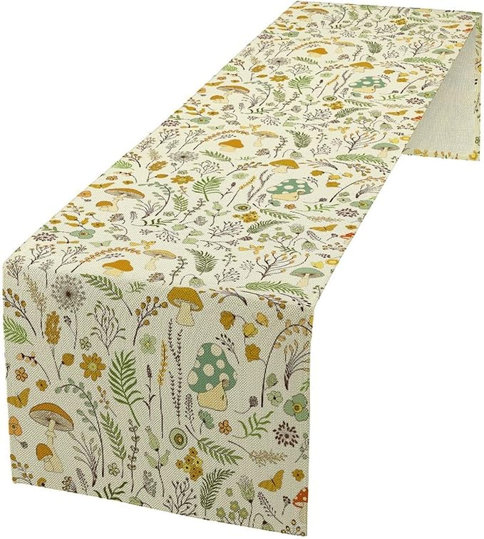 Wild Mushroom Table Runner, Vintage Botanical Rustic Retro Wildflower Herbs Plants Green Mushroom Table Cover for Home Kitchen Dining Decor Indoor Outdoor Party, 13x120inch