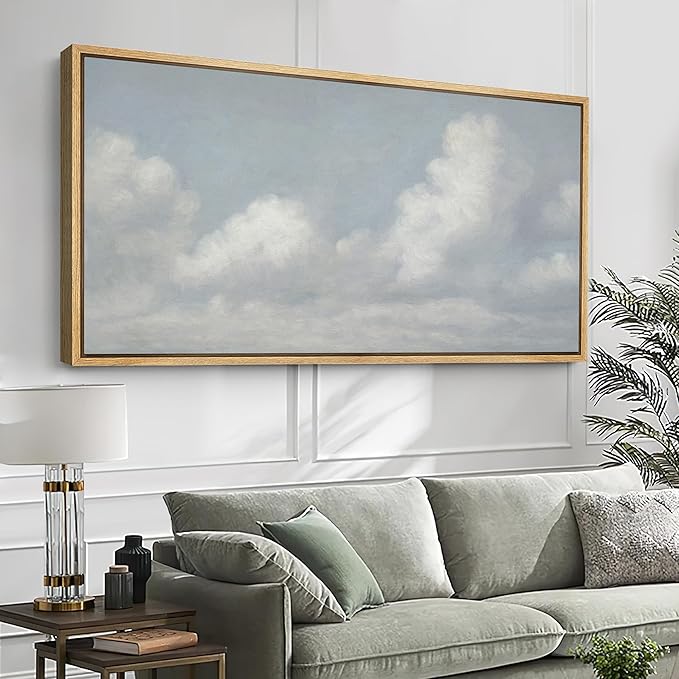 SIGNFORD Extra Large Framed Canvas Print Wall Art Blue Sky with Fluffy Clouds Tranquil Minimal Sky Scene Illustrations Modern Art Relax/Calm Warm for Living Room, Bedroom, Office - 60"x30"