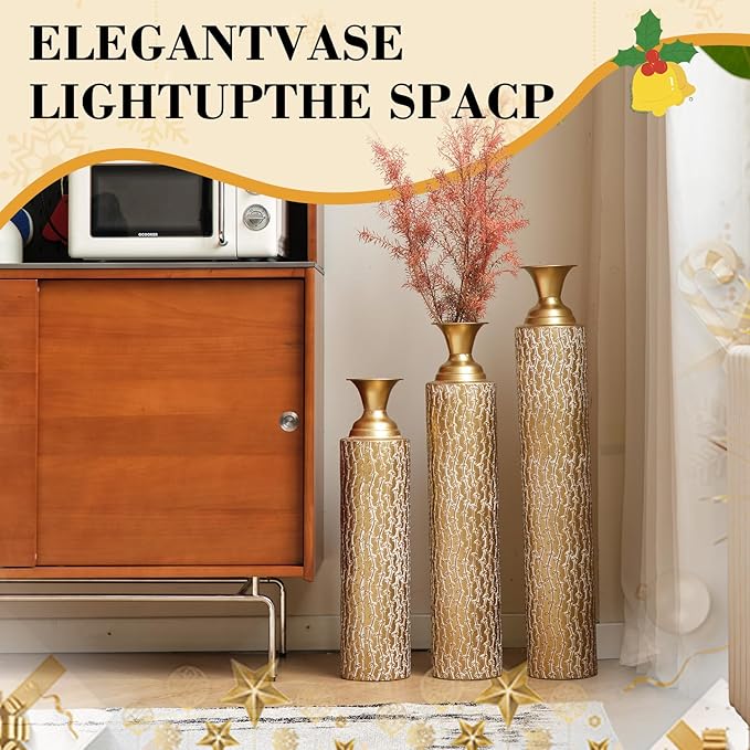 Floor Oversized Gold Metal Decorative Vase with 3D Triangle Pattern Set of 3 Large Vases for Home Living Room 33.5 ", 29.5 ", 25.2" High (Matte Gold)