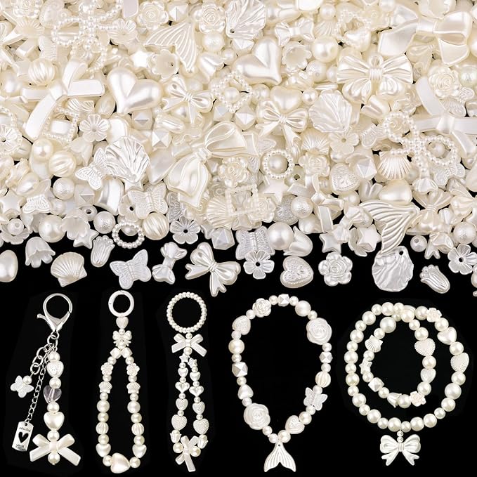 Assorted Acrylic Beads, 260-310PCS Mix ABS Imitation Pearl Cute Beads for Bracelet Making, Bow Flower Kawaii Charms for Jewelry Making DIY Necklace Keychain Phone Charm Christmas Gift